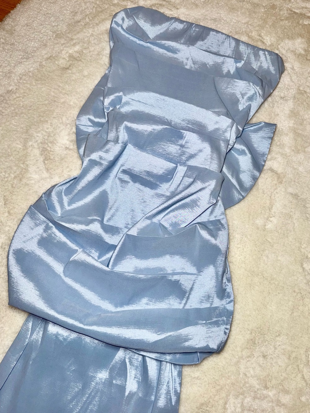 NWT Powder Blue Satin Strapless Evening Dress With Floor Length Back Bow
